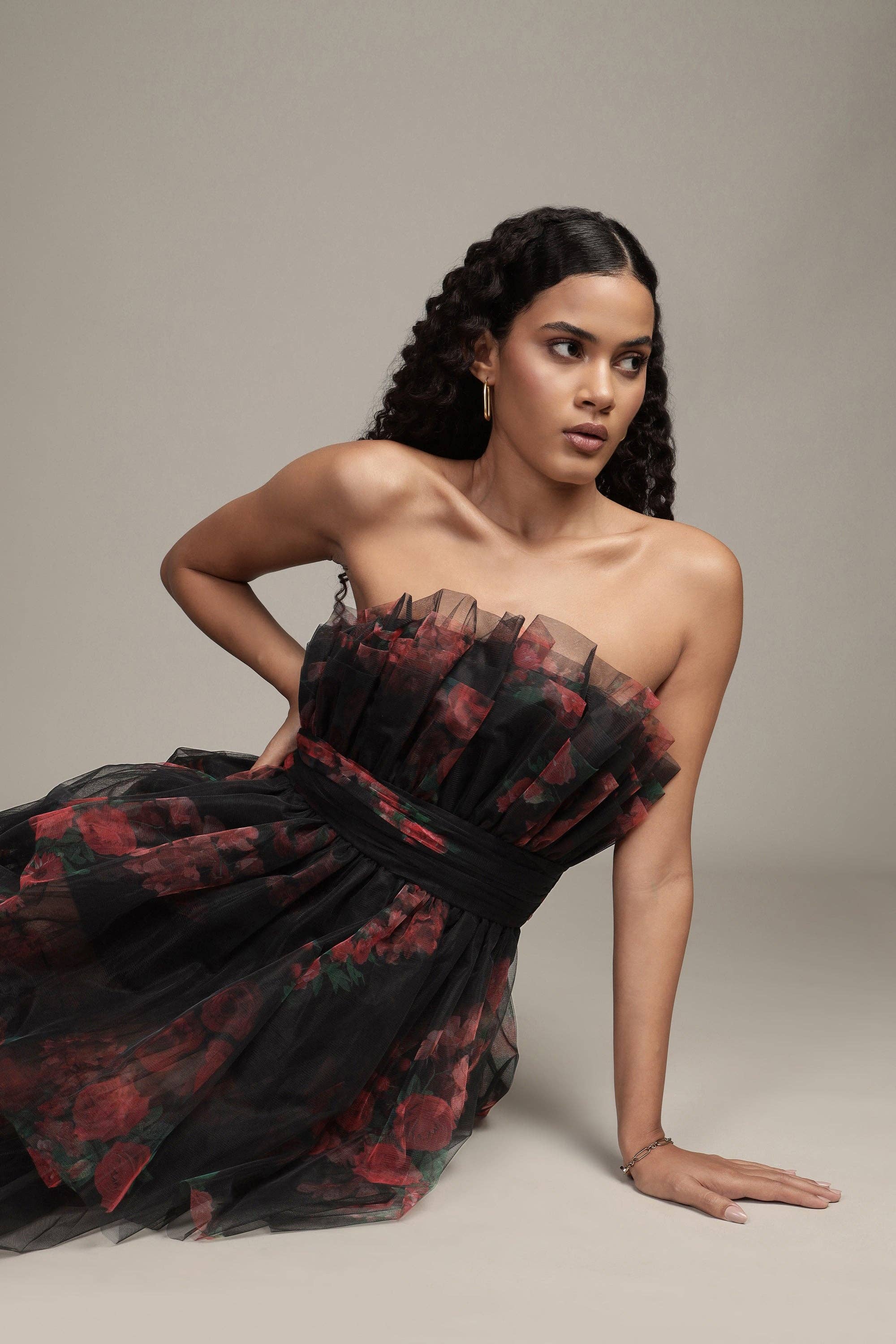 Natalia Tulle Maxi Dress in Black and Red Floral for wholesale on Faire6