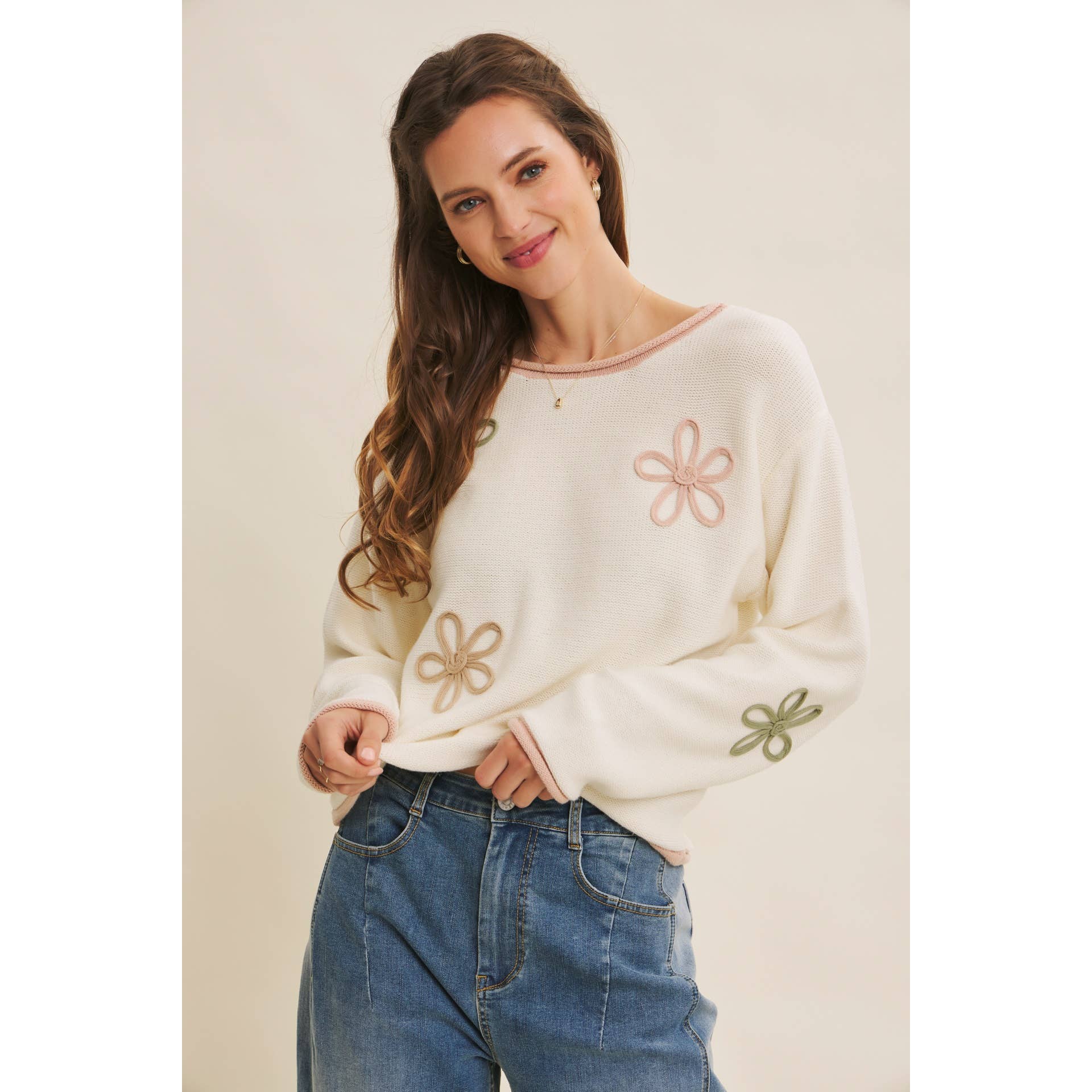 in february - Wholesale Knit Sweater - Women's - EFFORTLESS COMFORT CONTRAST FLORAL APPLIQUE SOFT SWEATER31