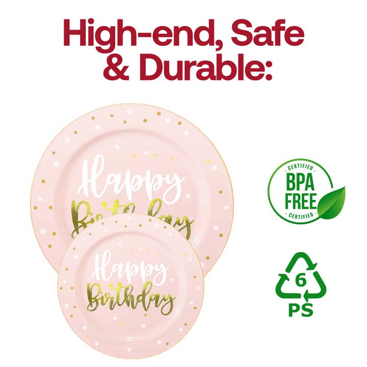 Smarty had a Party - Wholesale Disposable plate - 10.25" Pink w/ White Birthday Plastic Dinner Plates - 10 pcs4