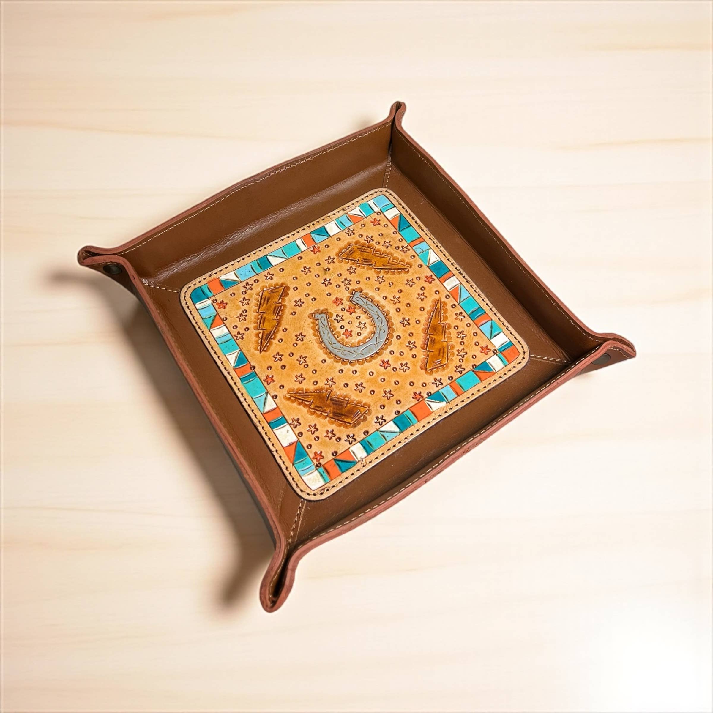 Western Linens - Wholesale Decorative Tray - Horseshoe tooled leather tray