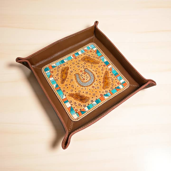 Western Linens - Wholesale Decorative Tray - Horseshoe tooled leather tray 0