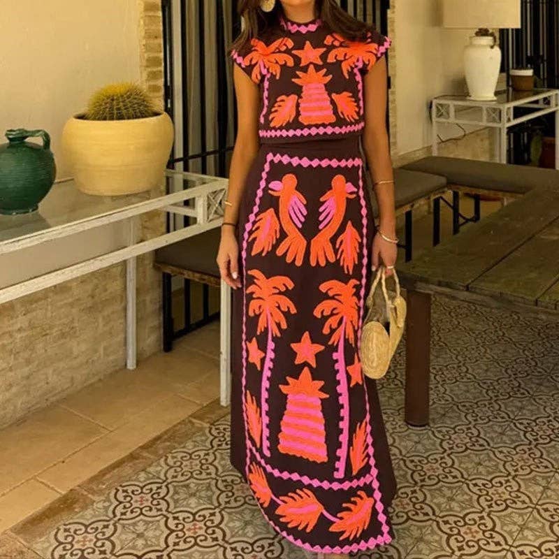 PRINTING Vintage Print Short Sleeve Top With Split Hem Skirt Set for wholesale on Faire0