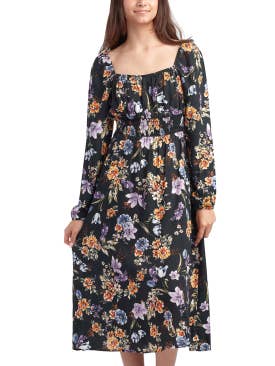 RAYON-CREPE MIDIKJOLE MED FIRKANTET HALS OG SMOCKET TALJE for engroshandel hos A. Byer