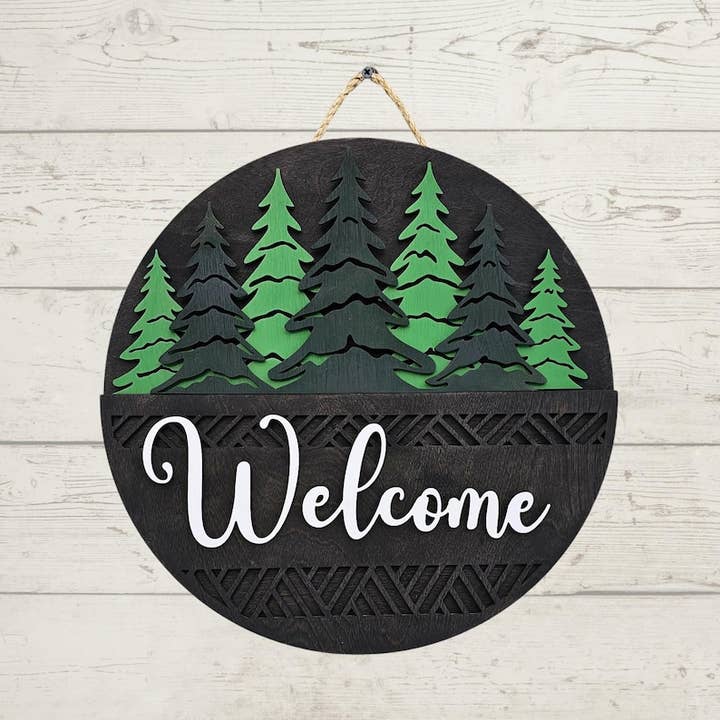 Personalized Pine Tree Welcome Sign: Custom Wood Door Hanger, 16 + 18 inch for wholesale by Southcoast Lasersmith
