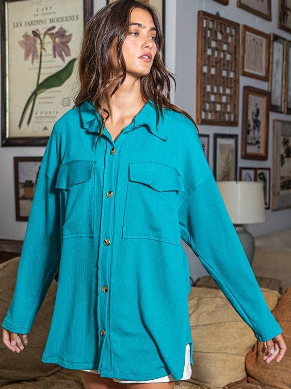 BUCKETLIST OUTLET - Wholesale Shirt Jacket/Shacket - Women's - T1320-4 OUTLET SALE Solid Rib Knit Oversized Shacket Shirt12