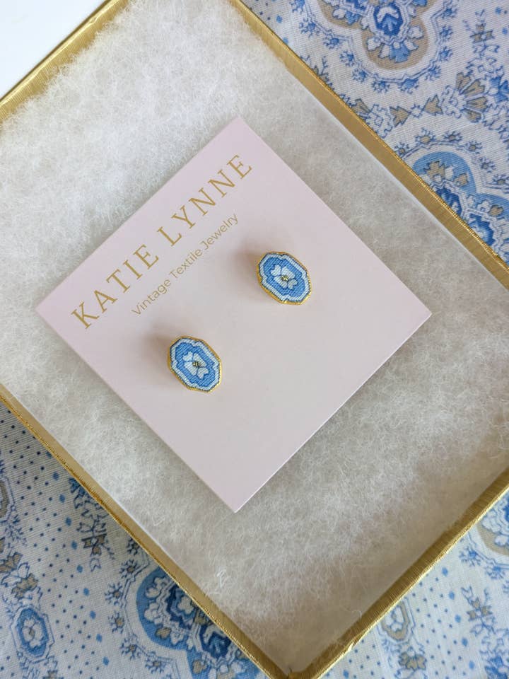 Henrietta Stud Earring - Light Blue for wholesale by Katie Lynne - Vintage Textile Jewelry