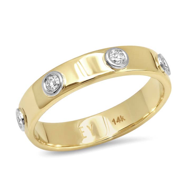 Elliot Young Fine Jewelry – Engroshandel Båndring – "Flydende Metal" 14K Guld smal Hamret Bånd med Syv Diamanter