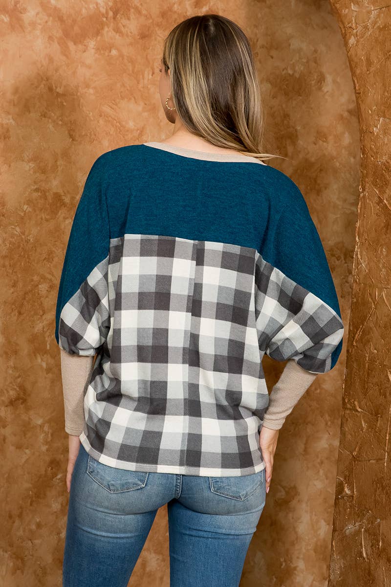 You & Me - Wholesale Blouse - Women's - SALE!!! PPT21075-DOLMAN SLEEVE SOLID CONTRAST PLAID TOP1