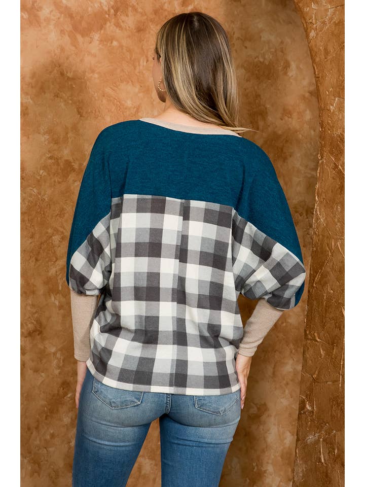 You & Me - Wholesale Blouse - Women's - SALE!!! PPT21075-DOLMAN SLEEVE SOLID CONTRAST PLAID TOP1