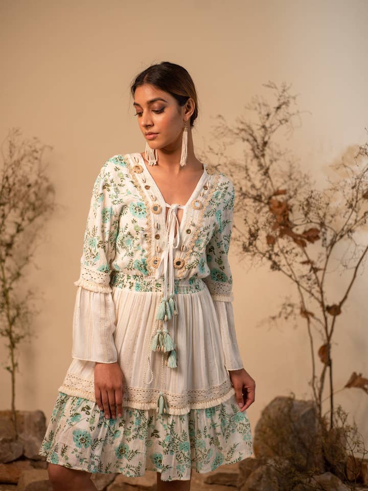 White And Green Shell Dress for wholesale by Label Reyya