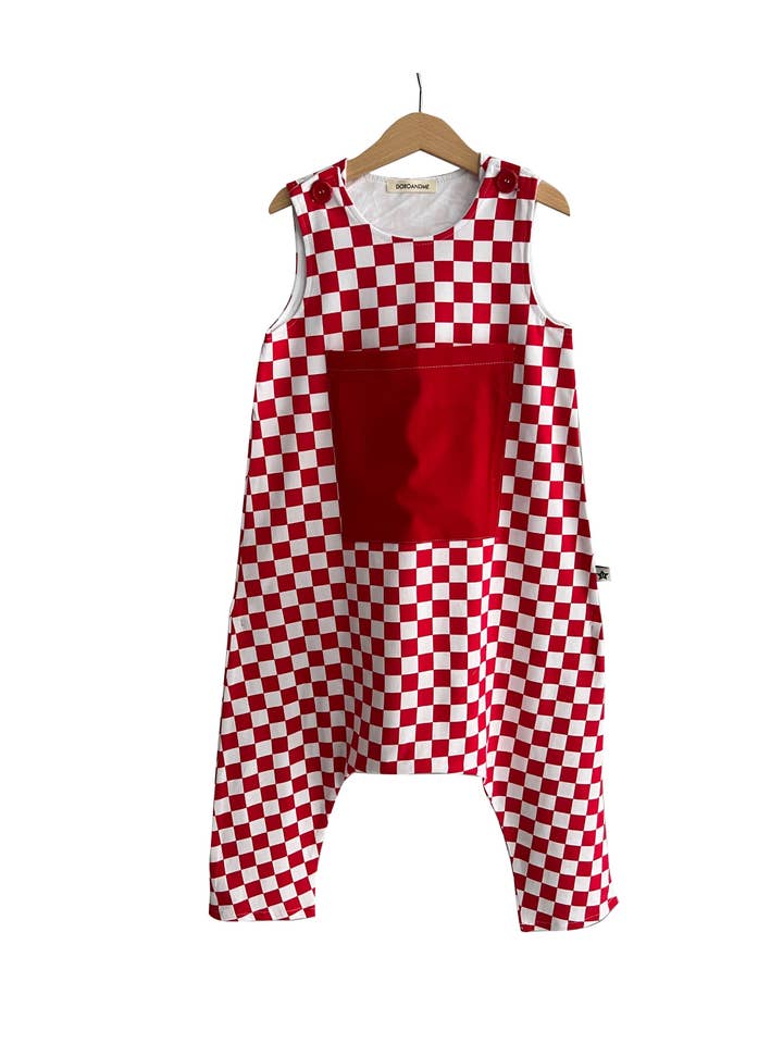 DOROANDME - Vente Barboteuse – bébé - Salopette sarouel à motif d'échecs rouge - blanc
