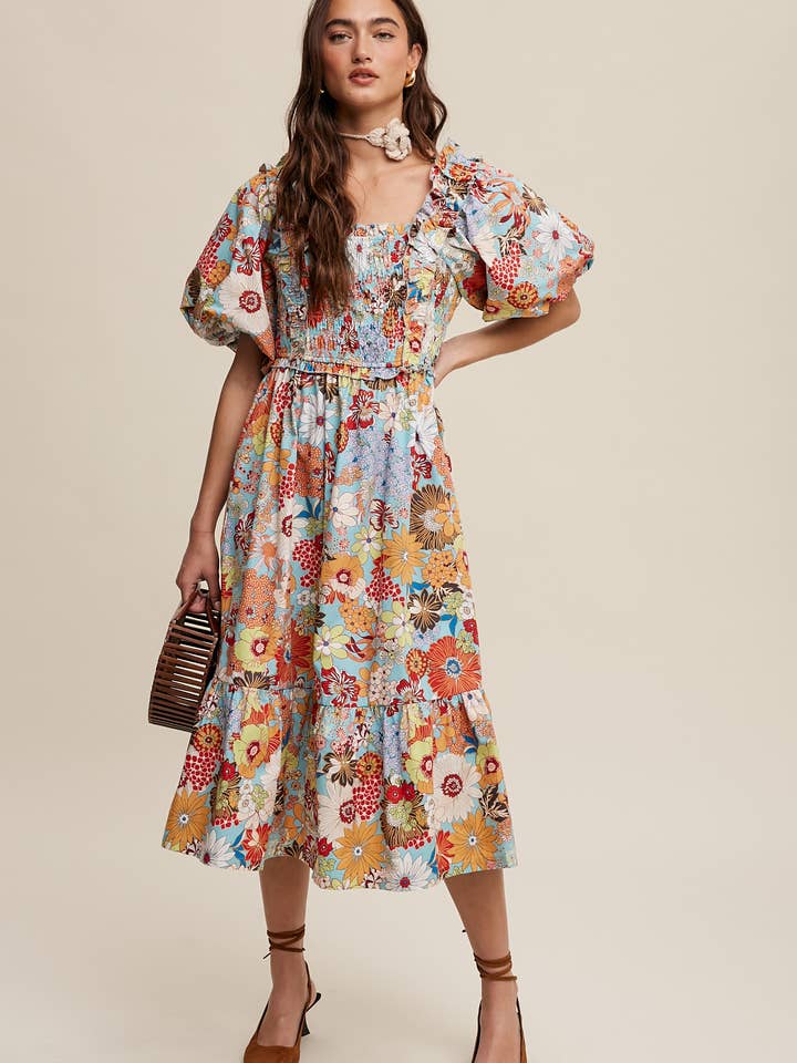 Vintage klänning med blommönster och puffärmar i midilängd för wholesale av Listicle