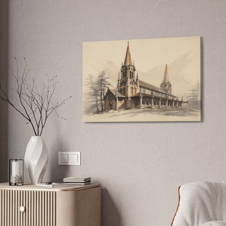 Architectural Church Drawing on Weathered Canvas Wall Art for wholesale by Quixotic Caverns Trading Company
