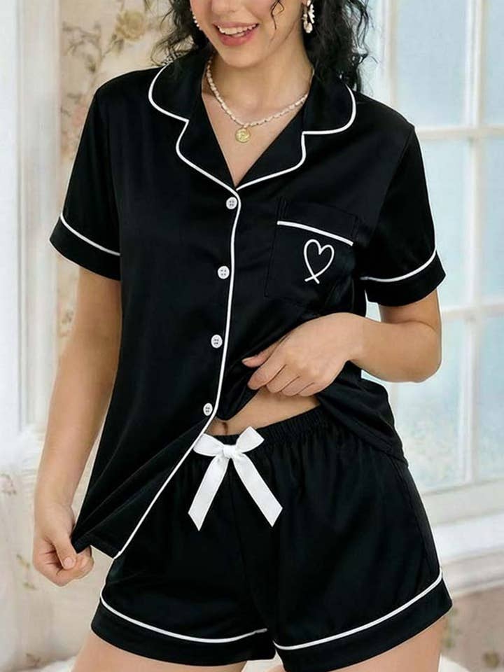 Heart Accent Short Sleeve Pajama Set for wholesale by Soli Echo