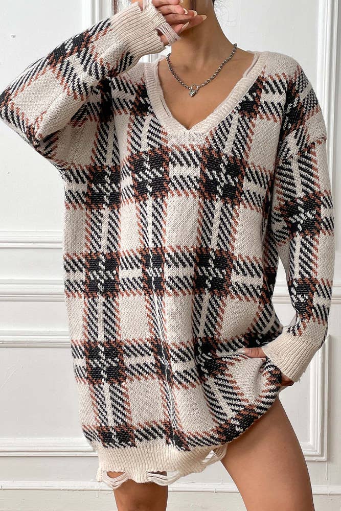 UNISHE – wholesale Dress – Women's – V Neck Plaid Knit Raw Edge One Size Sweater Dress OYM0961