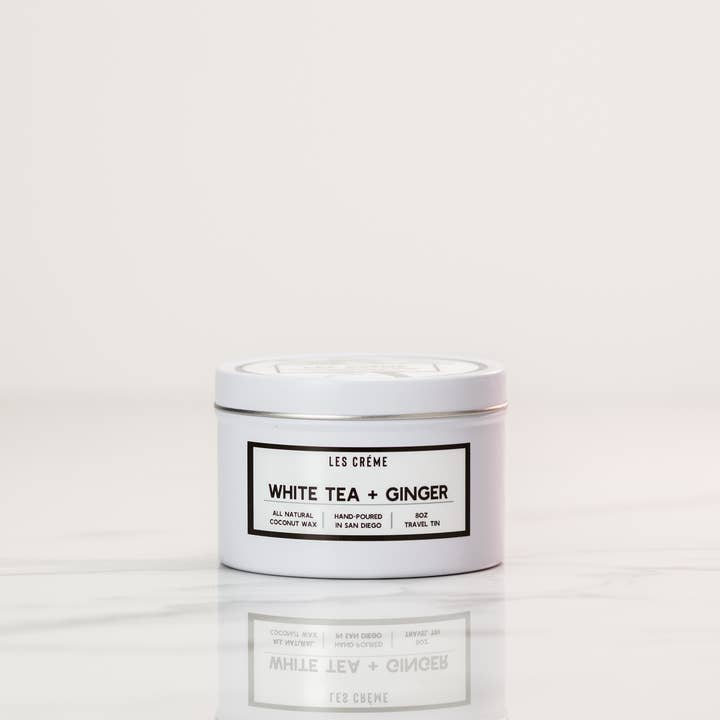 Funny Flames Candle Co - Les Creme - Wholesale Travel candles - White Tea & Ginger Organic Coconut Wax CandleTravel Tin 8 oz1