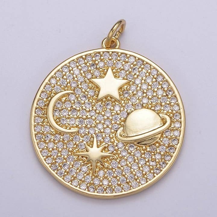 14k Gold Filled Planet & Stars Charm, Planet Charm, Star Jewelry, Space Galaxy Pendant Cubic Zirconia Finding N-237 for wholesale by Aim Eternal