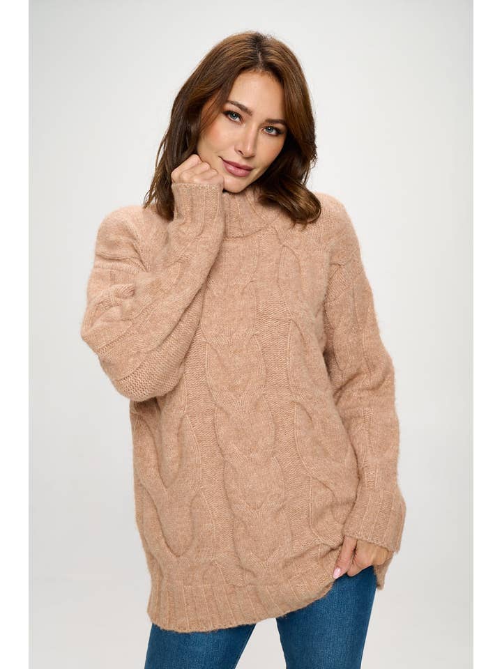 Taupe Turtleneck Long Sleeve Sweater with Braid Detail for wholesale on Faire