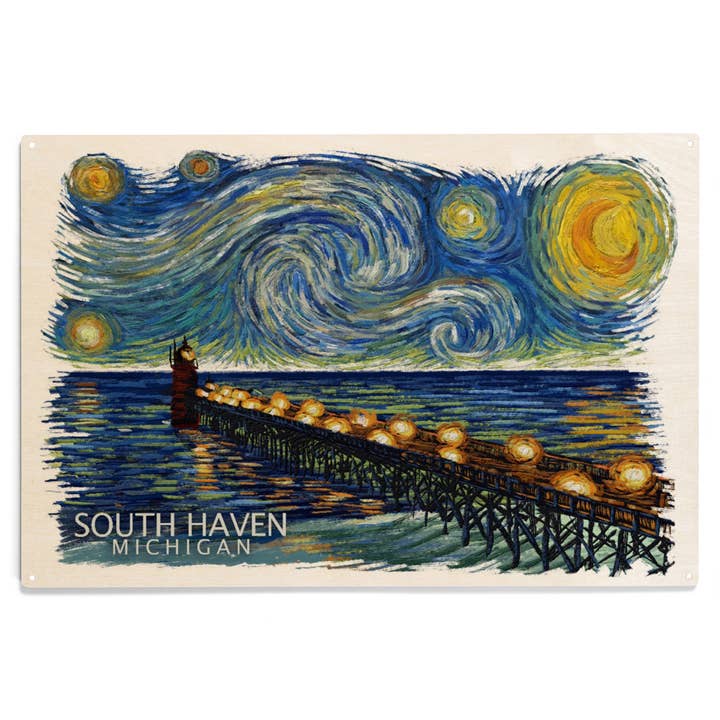 WOOD SIGN ART South Haven Michigan South Pier Lighthouse for wholesale by Lantern Press