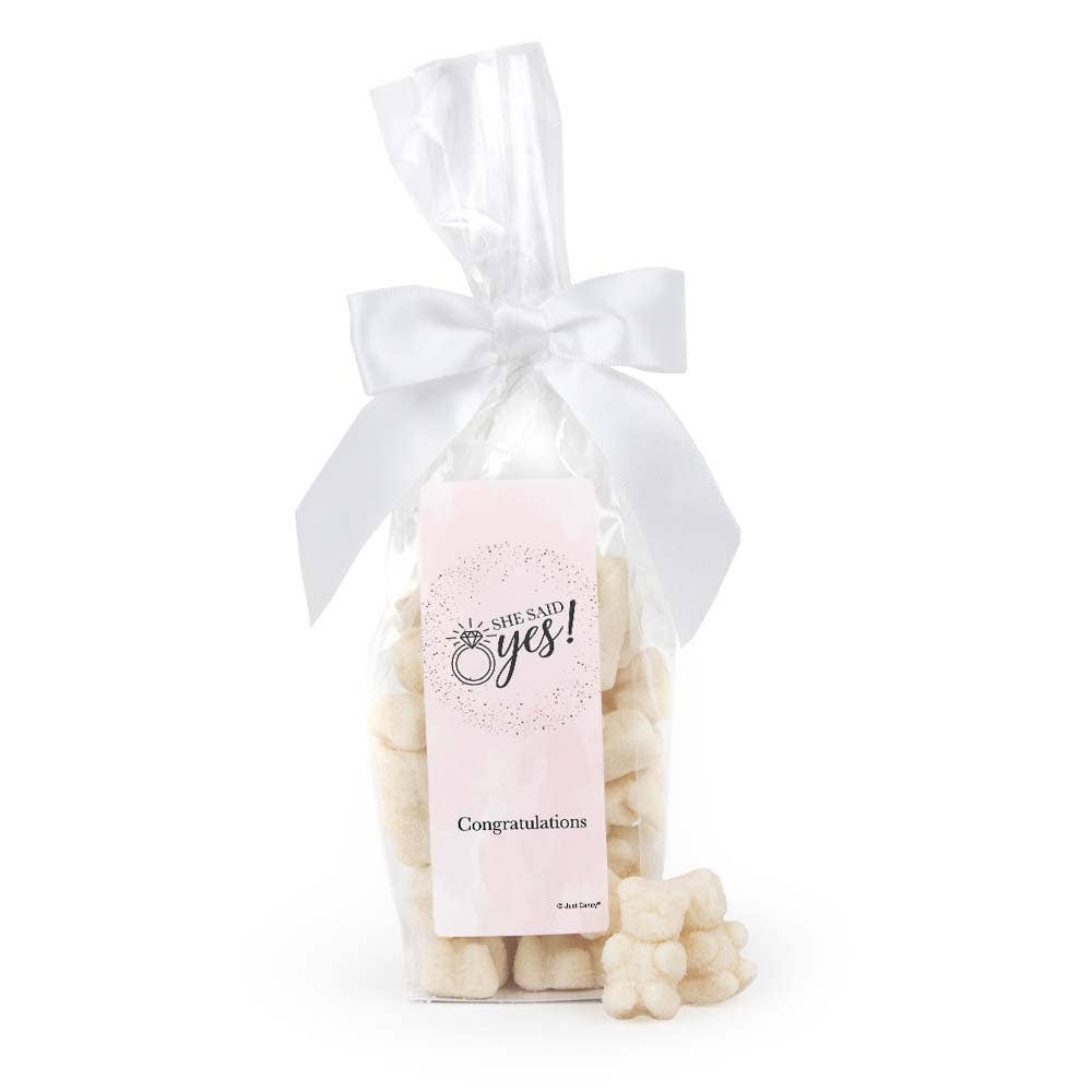 Just Candy - Wholesale Gummy - Bridal Shower Stand Up Bow Bag with White Mixed Fruit Sugar Sanded Gummy Bears - She Said Yes0