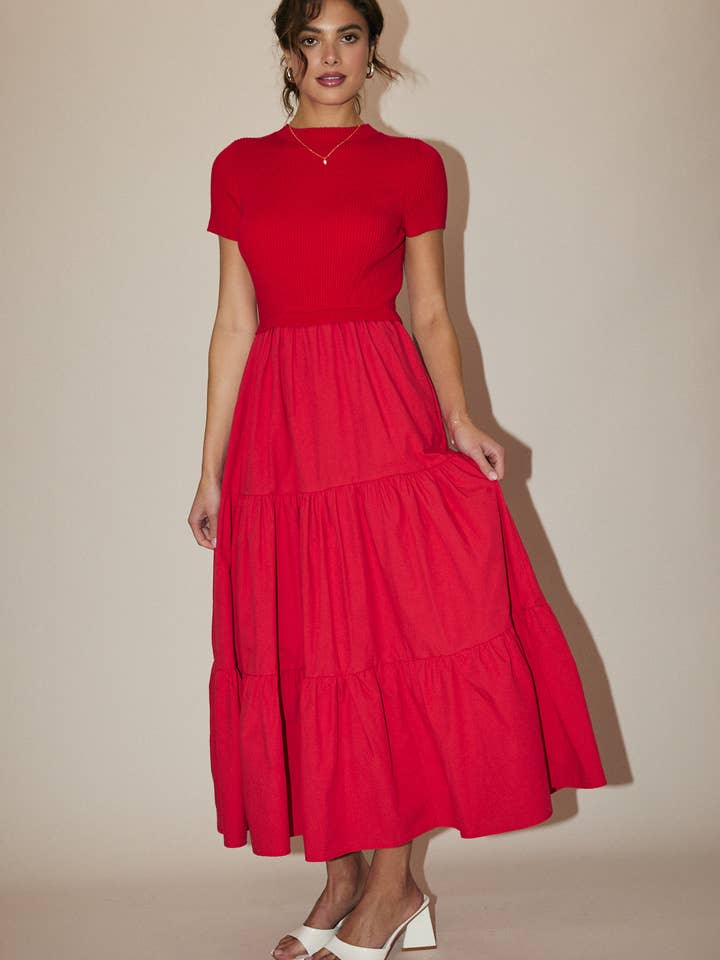 Sunday Edition by LE LIS - Wholesale Dress - Women's - MOCK NECK SHORT SLEEVE KNIT & WOVEN MIX TIERED MIDI DRESS