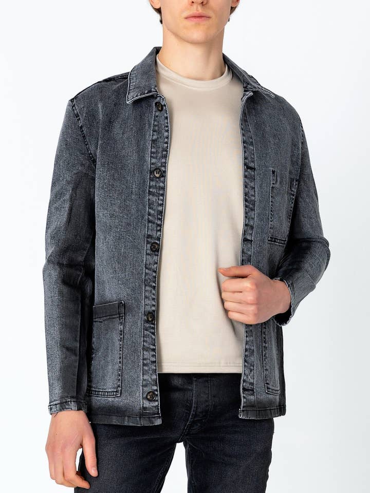 Men's Patch Pocket Fitted Waxed Denim Jacket - Grey for wholesale by Ron Tomson