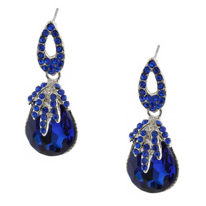 Fashion Earrings Rhodium Plated Sapphire Tear Drop for wholesale by Cool Crystals