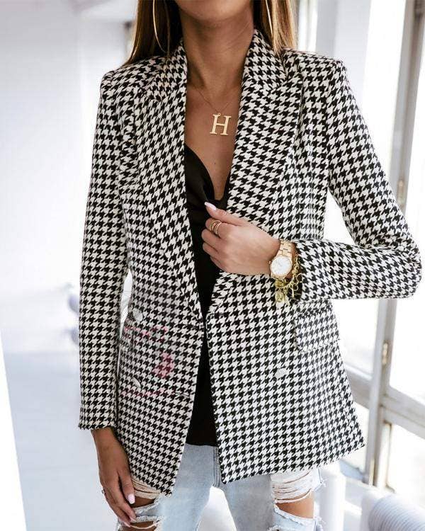 PRETO Blazer trespassado com aba houndstooth para venda a revendedores na Faire