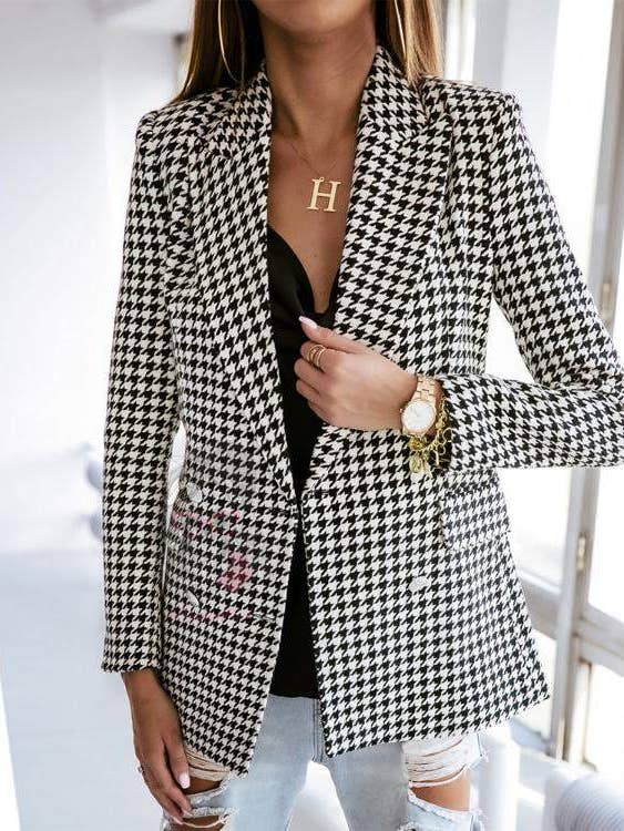 BLACK houndstooth flap detail double breasted blazer for wholesale on Faire2