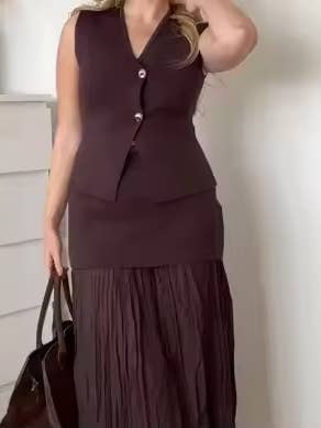 V-Neck Button Vest & Sheer Pleated Skirt Set(C) for wholesale by BELLISSIMA FASHION