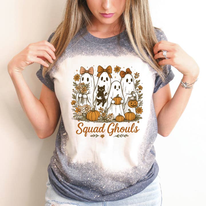 Squad Ghouls Bleached Halloween Tee for wholesale by Hello Gorgeous Apparel
