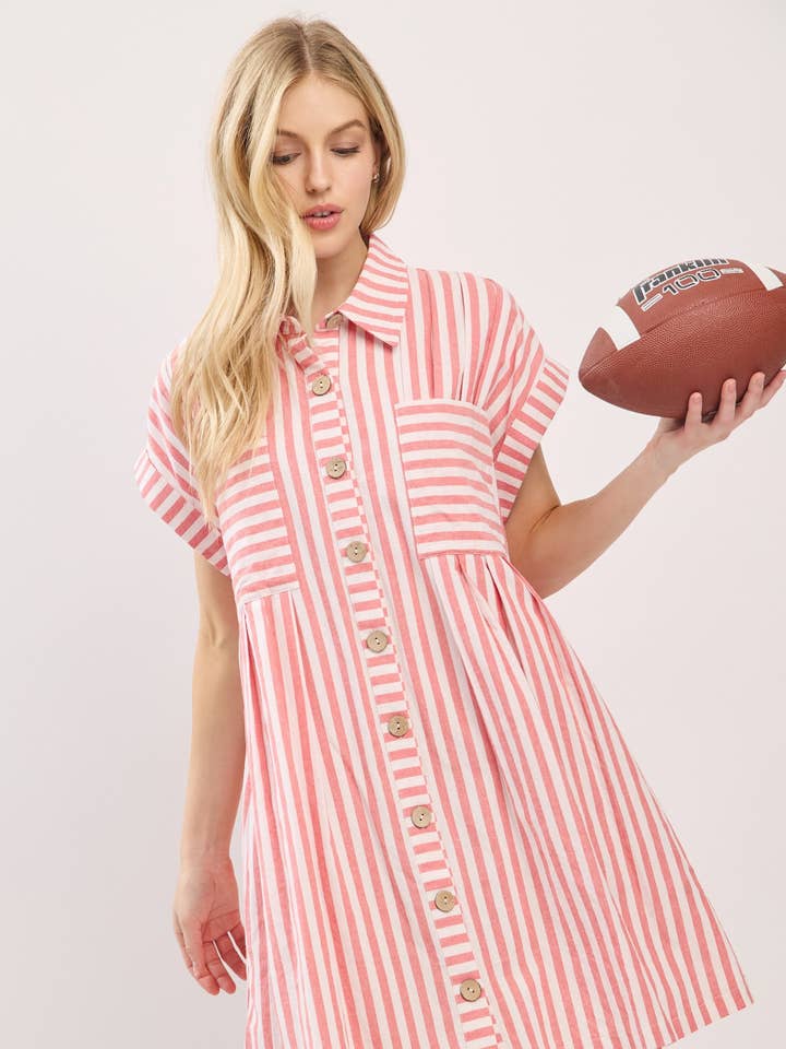 GAME DAY COTTON STRIPED BUTTON DOWN TUNIC DRESS. for wholesale by Sewn and Seen