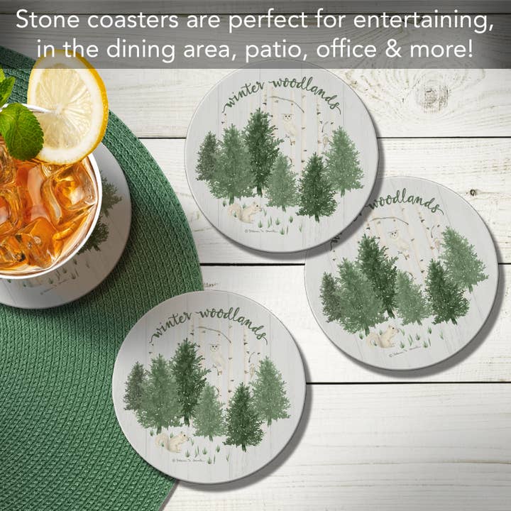 CounterArt/Highland Home/Thirstystone/CoasterStone - Wholesale Coasters - Winter Woodlands Round Absorbent Stone Coaster 4pk