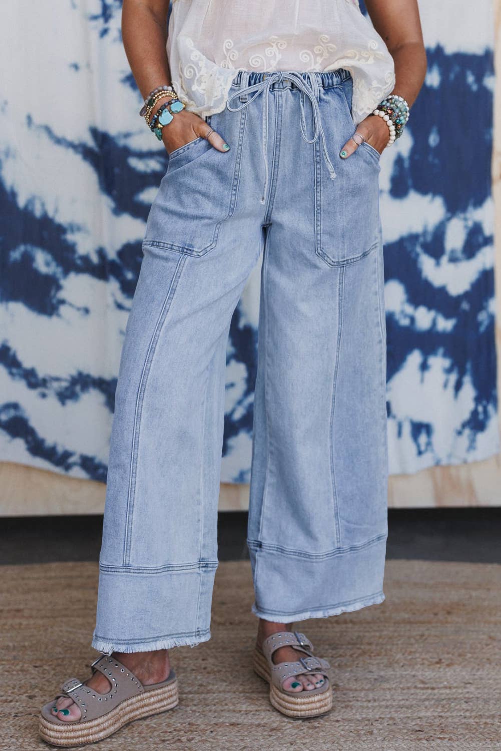 FULL TIME PURCHASE - Wholesale Jeans - Women's - Drawstring Seam Detail Raw Hem Wide Leg Denim Pants