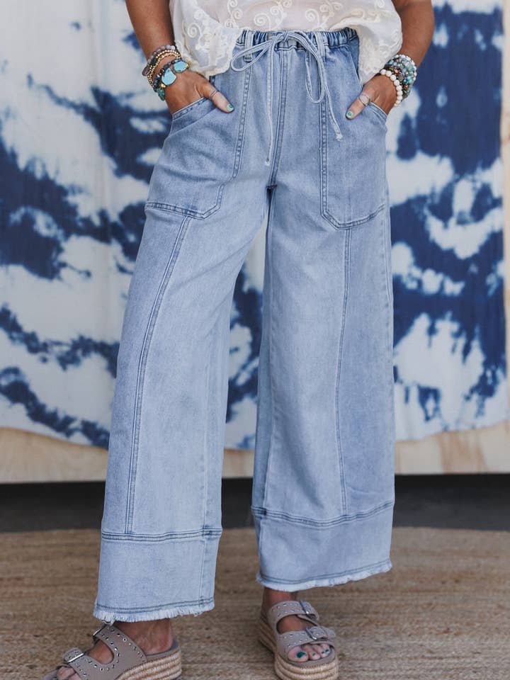 Drawstring Seam Detail Raw Hem Wide Leg Denim Pants for wholesale by FULL TIME PURCHASE
