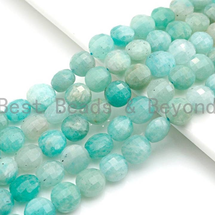 Cuentas especiales de monedas de amazonita natural con corte de caparazón de tortuga de doble cara, amazonita cortada en tablero de ajedrez de 6 mm/8 mm/10 mm, hebra completa de 15.5 pulgadas, SKU #U810 para venta al por mayor de BestBeads&Beyond