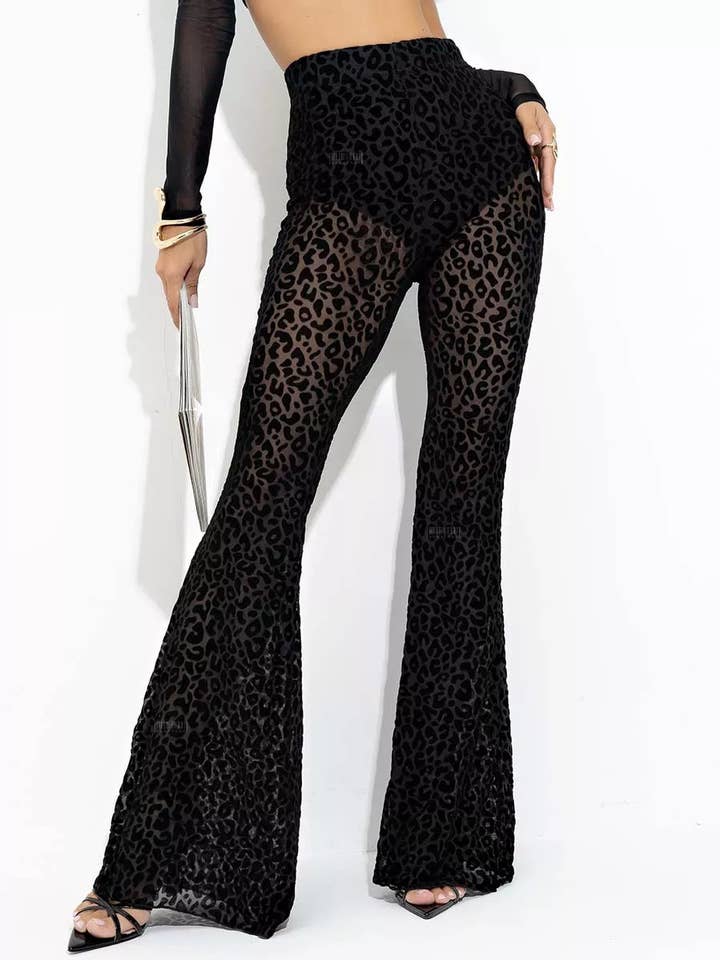 ElevateWell - Wholesale Pants - Women's - Sexy Sheer Velvet Flocked High-Waist Flared Pants0