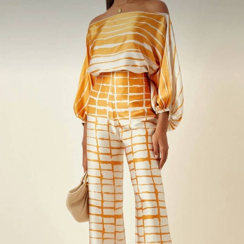 UZ Wholesale Store - Wholesale Top & Pant Set (NOT Loungewear) - Women's - Printing Boat Neck Balloon Sleeve Top And Wide Leg Pants Two Pieces Suits9