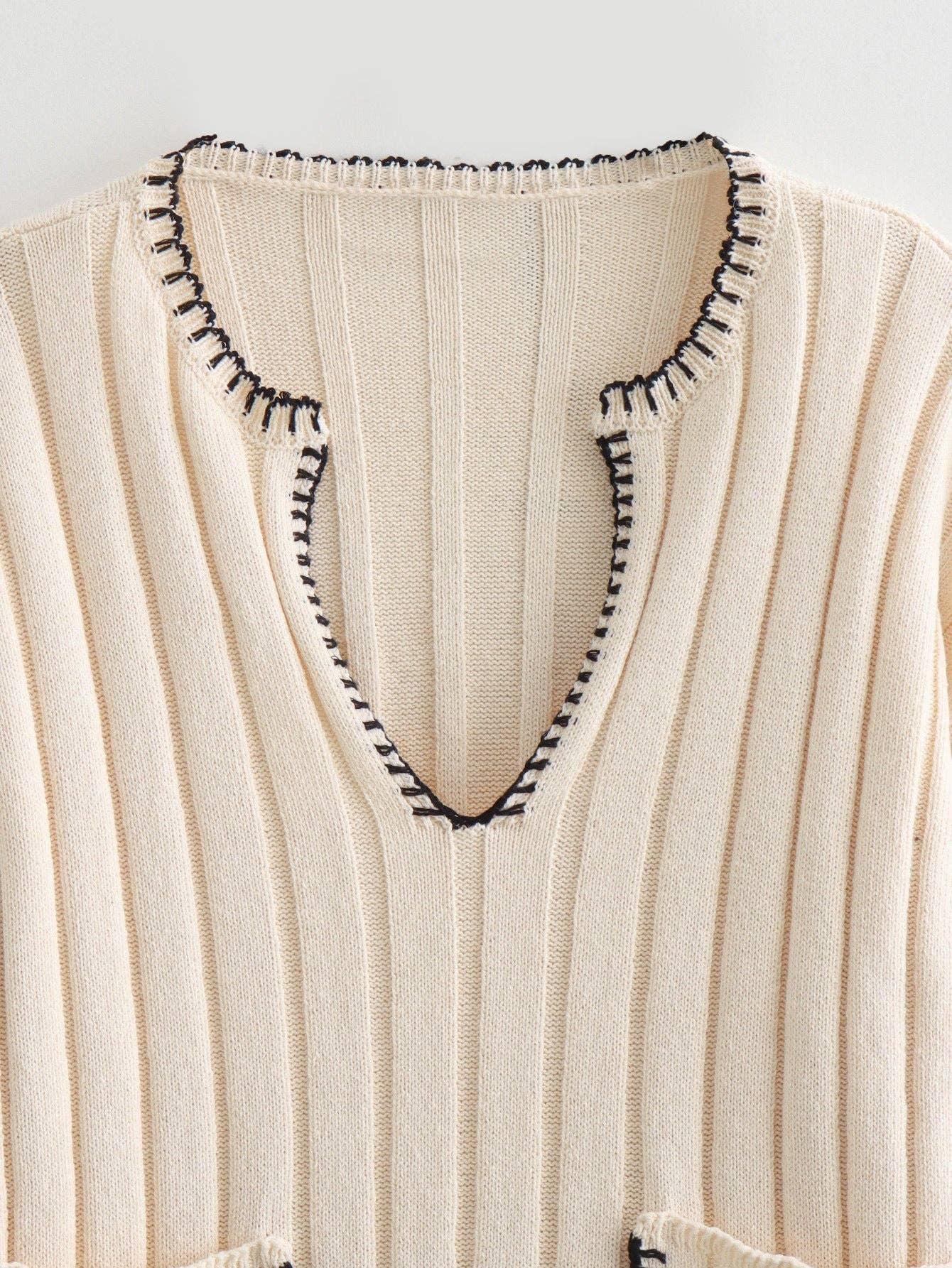 BEIGE V-Neck Ribbed Knit Sweater for wholesale on Faire5