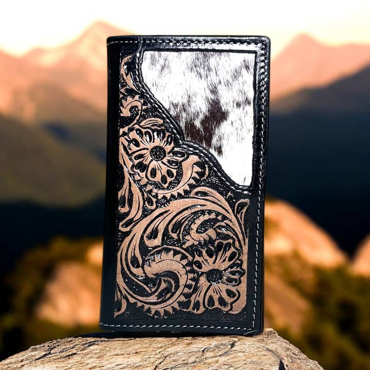 Maine tooled leather & cowhide men’s wallet for wholesale by Western Linens