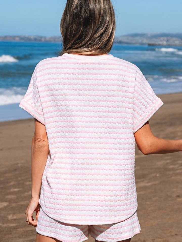 Lovesoft - Wholesale Lounge Set - Women's - Pink Stripe Knitted Short Sleeve Top and Drawstring Shorts Set