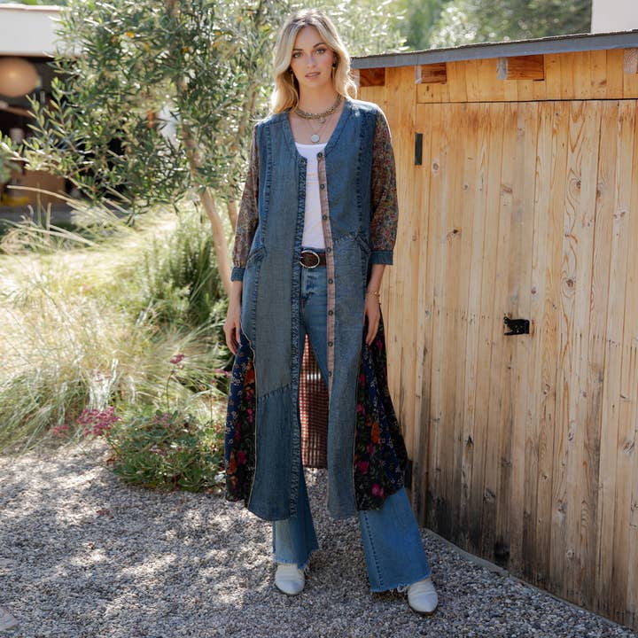 Earthy Denim Shirt Dress, Artisan Patchwork & Rayon Inserts for wholesale by Young Threads