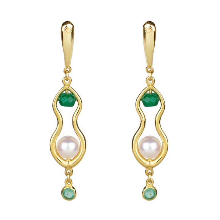 Pendientes Rhea - Oro, Esmeralda, Perla, Ágata para venta al por mayor de Eleni Orfanou