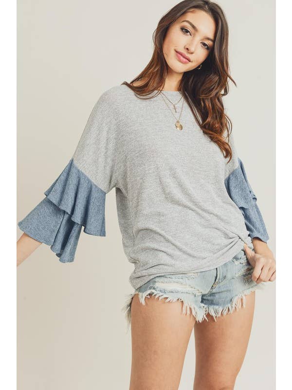 Grey Denim Tiered Bell Sleeve Color Block Top - 11384t for wholesale on Faire