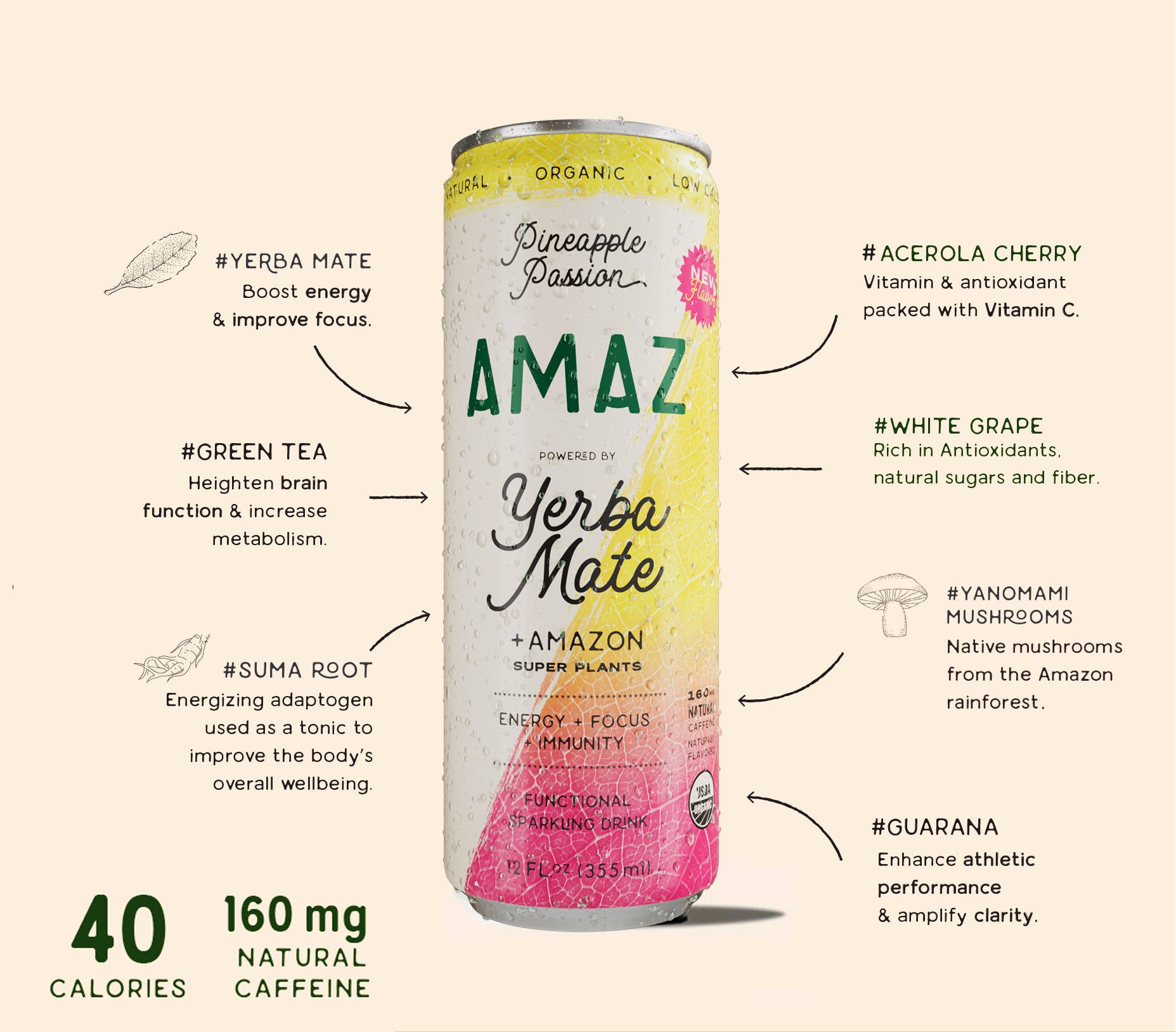 Amaz - Wholesale Sports/Energy Drink - AMAZ Pineapple Passion Yerba Mate Functional Drink 12oz2