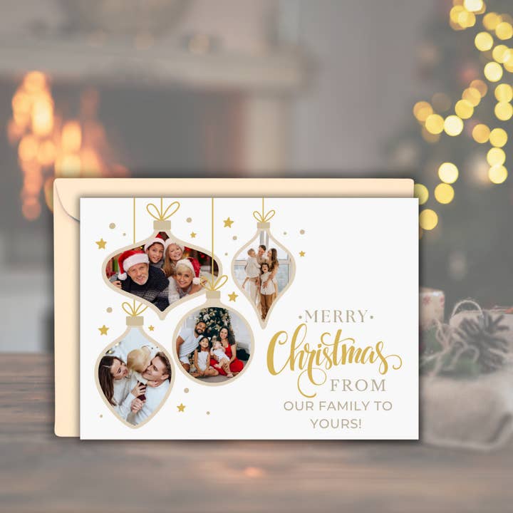 Personalized Ornament Photo Christmas Card | Merry Christmas From Our Family to Yours 7x5 for wholesale by The Paper Den