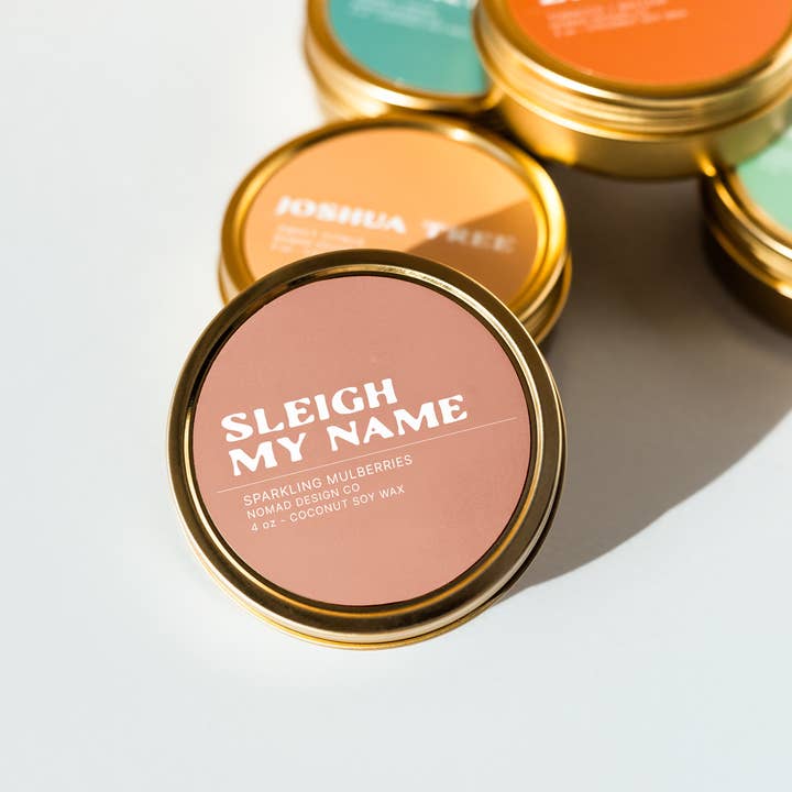 Sleigh My Name Travel Tin Candle for wholesale by Nomad Design Co