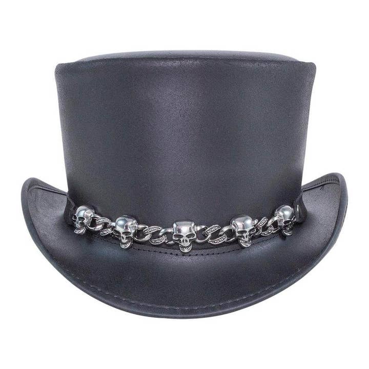 Biker Leather Top Hat Skull Band - Style El Dorado 5 Skull for wholesale by American Hat Makers