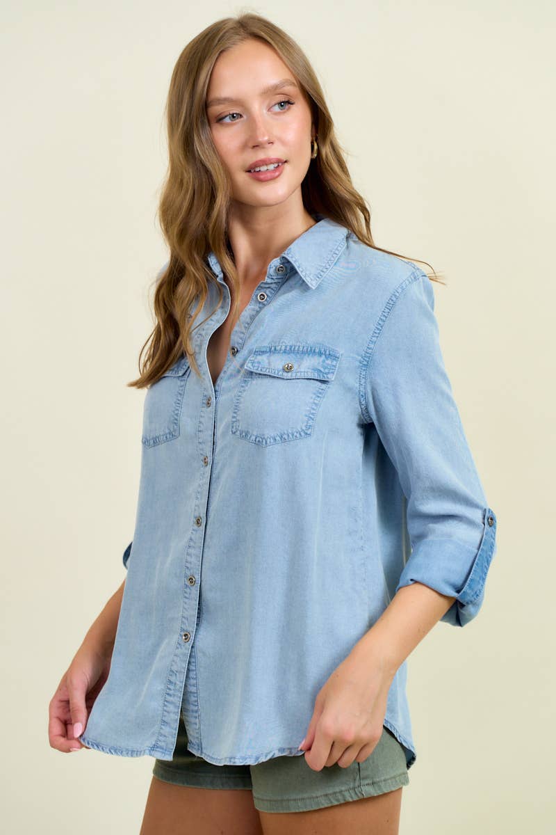 Doe and Rae – Camisa com botões no colarinho – Mulher por atacado – Camisa Chambray Button Down Com Manga Roll Up - 41778T2