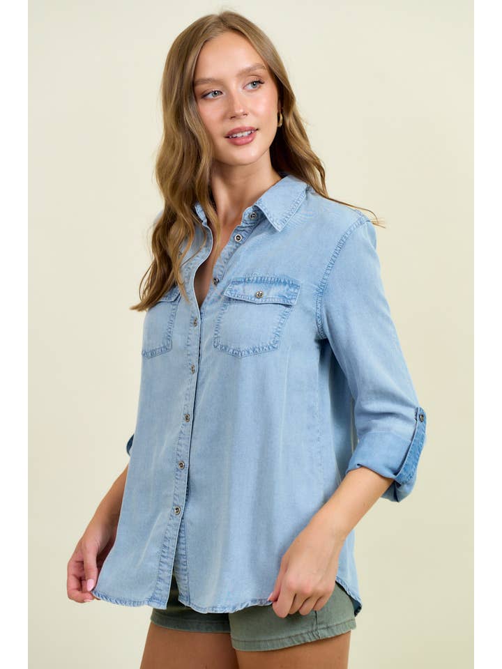 Doe and Rae - Wholesale Overhemd met knopen - Dames - Chambray overhemd met knoopsluiting en oprolbare mouwen - 41778T2